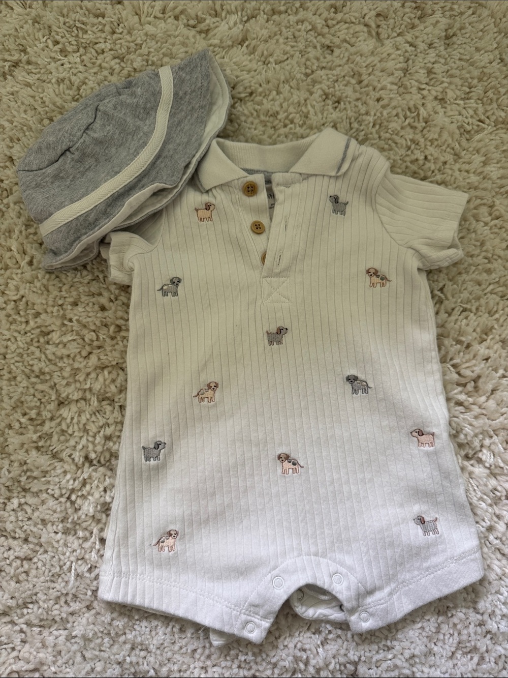 Little me Cream Ribbed Polo One-Piece with Puppy Embroidery